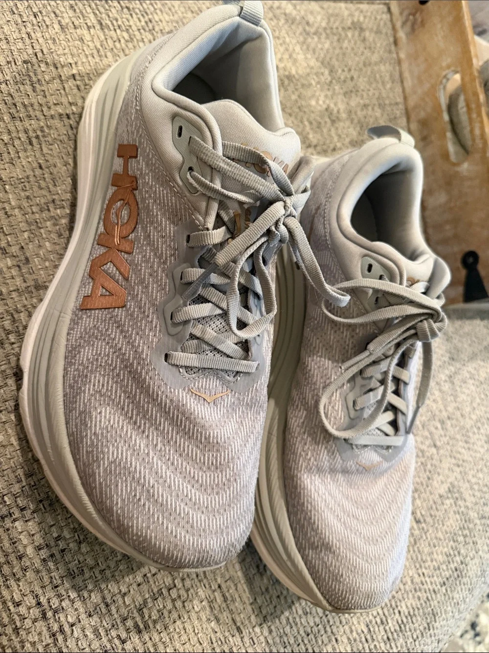 Hoka Women's Athletic Shoes - Light Gray with Rose Gold Logo